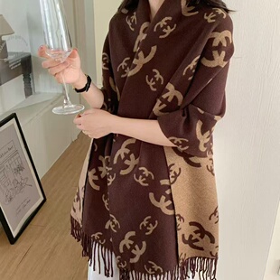 新款经典仿羊绒金线围巾女秋冬欧美轻奢感流苏披肩保暖围脖