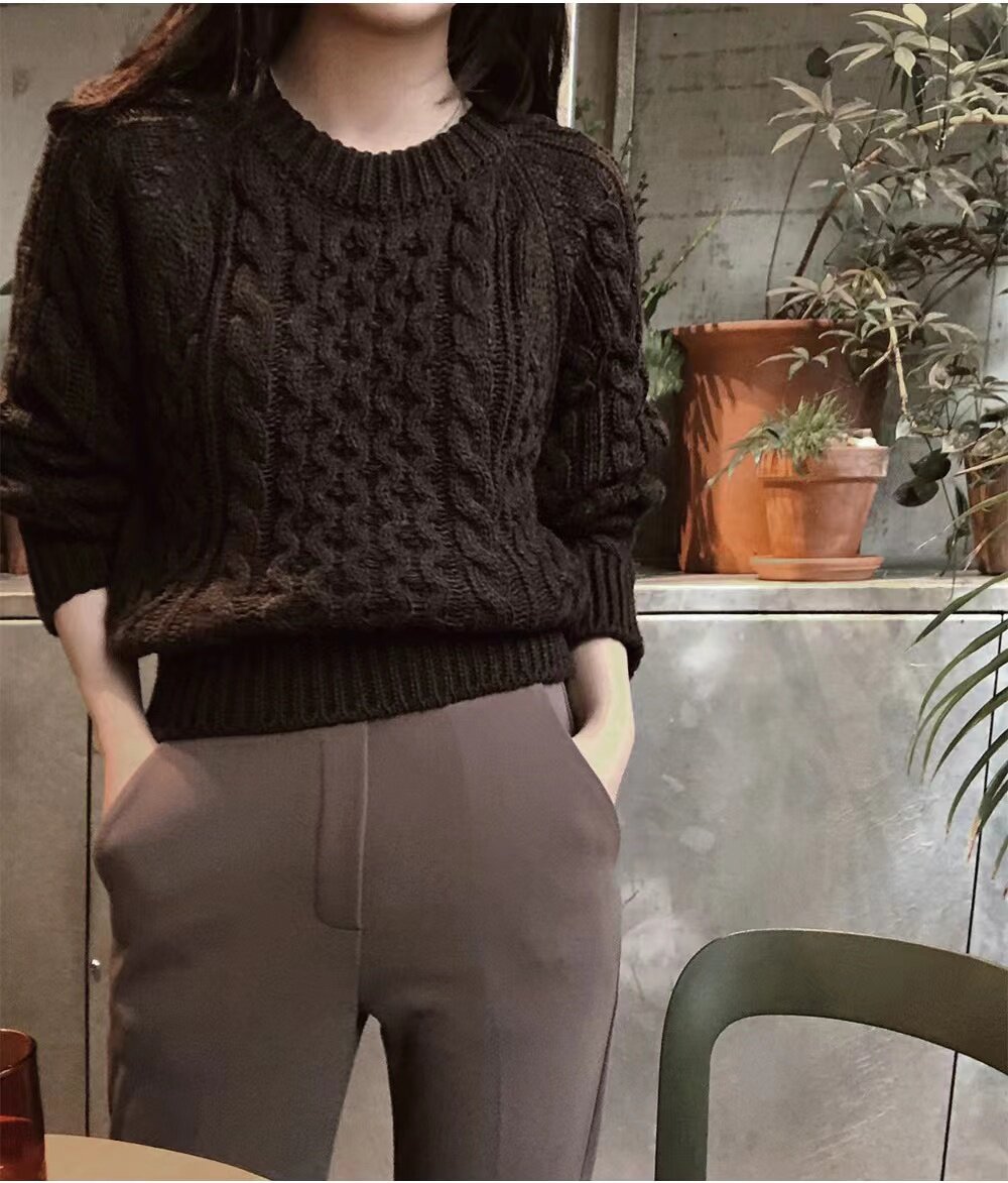 韩国Slow*and复古风粗针绞花毛衣设计感慵懒风麻花编织套头针织衫