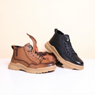福连升2025冬新款男士高帮休闲皮鞋厚底工装鞋马丁靴真皮加绒保暖