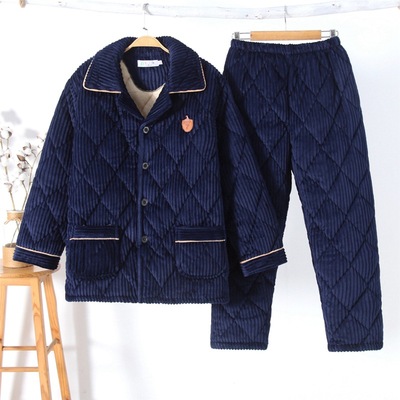 男士法兰绒三层加厚夹棉睡衣