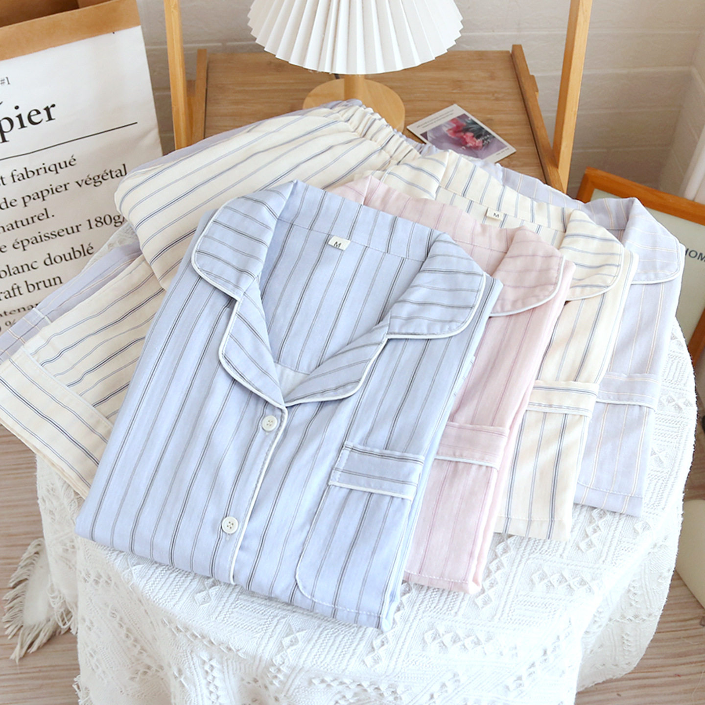 女士睡衣春夏薄款可外穿简单家居条纹女款蓝色2026新款纯棉家居服