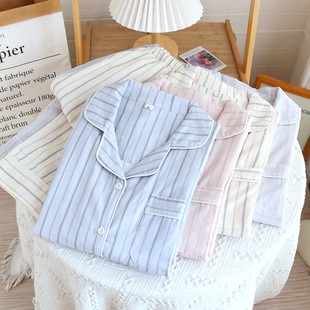 女士睡衣春夏薄款可外穿简单家居条纹女款蓝色2026新款纯棉家居服