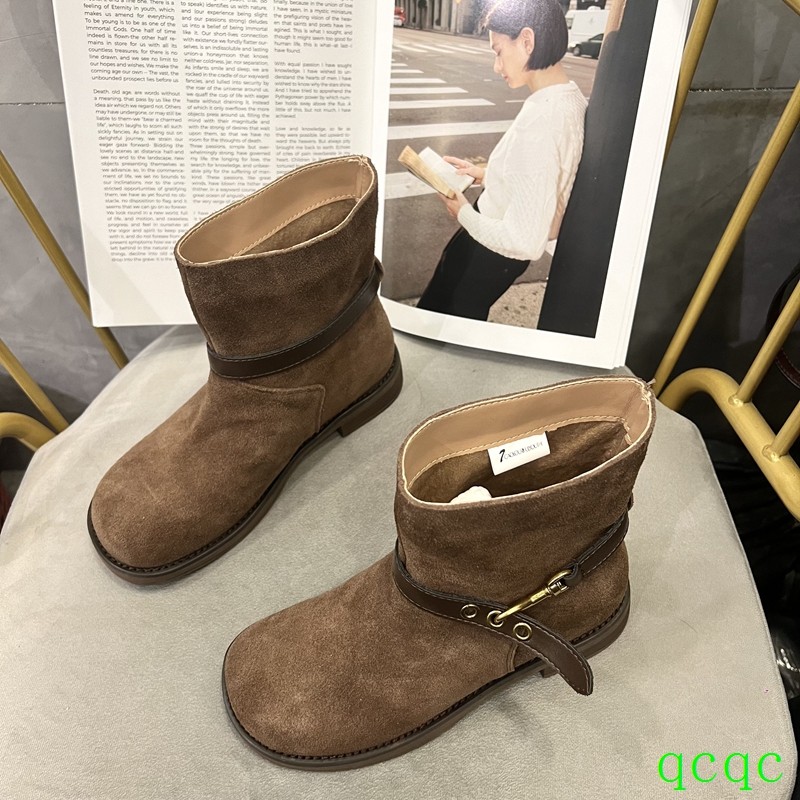 诗路花语580-646女鞋2025秋冬款真皮靴子一脚蹬切尔西短靴马丁靴