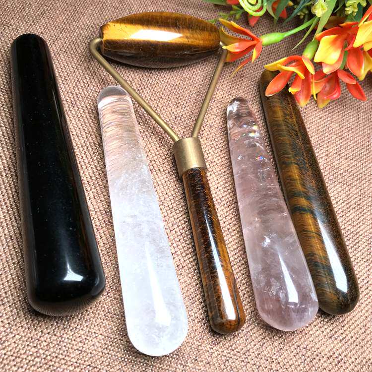 天然白水晶黑曜石按摩棒黄虎石手工打磨按压穴位棒按摩推男女适用