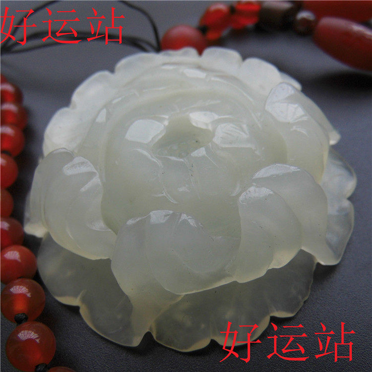 新款黄龙玉牡丹花毛衣链吊坠宝石挂件手工玉石颈饰红玛瑙圆珠项链