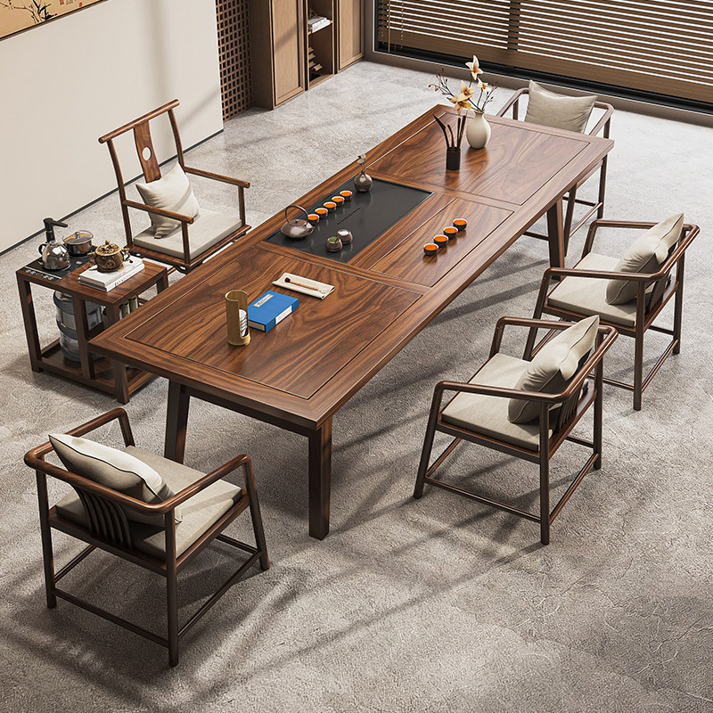 实木茶桌新中式胡桃木大板直拼客厅茶室办公室泡茶台桌椅组合宋氏