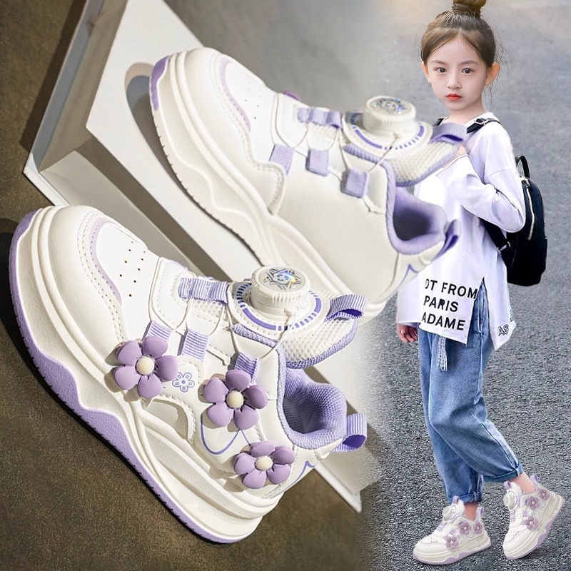 女童皮面板鞋旋转纽扣小白鞋秋季