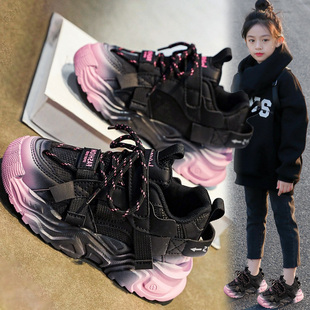 2024秋季 女孩二棉鞋 款 中大童防滑跑步鞋 儿童皮面老爹鞋 女童运动鞋