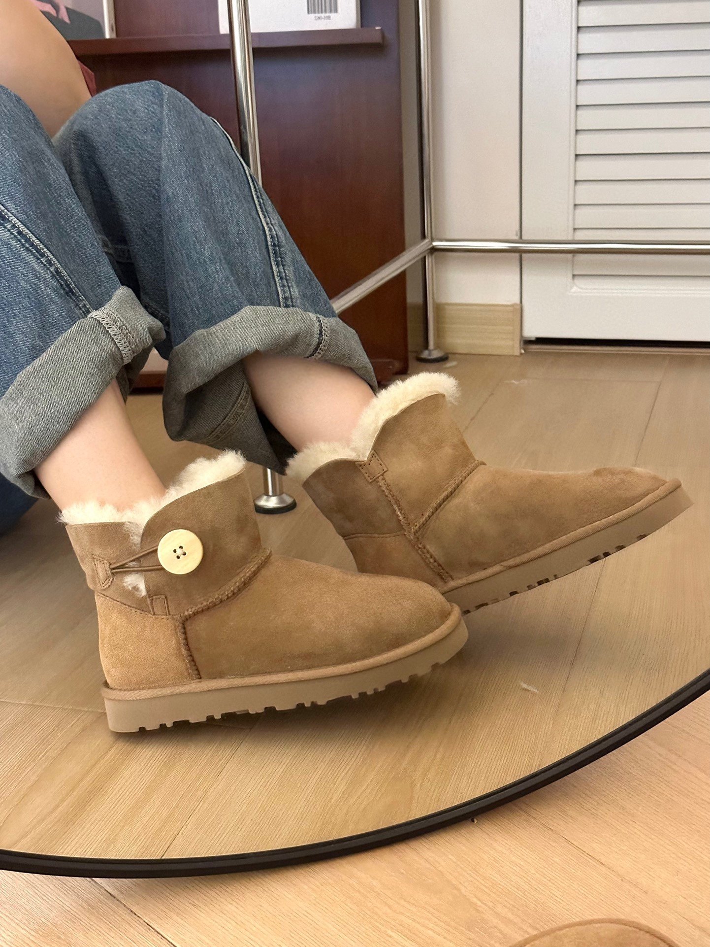 桑坡雪地靴冬季木扣简约真毛加厚