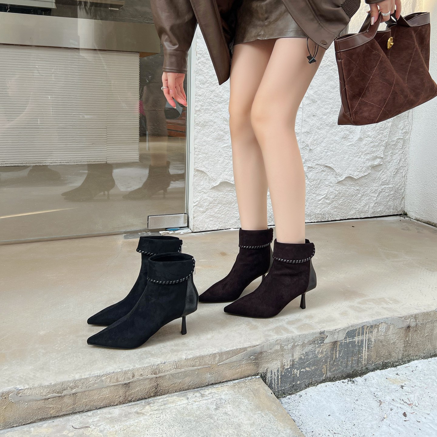 2025新款秋冬季尖头绒面女靴瘦瘦靴细高跟短靴法式百搭套筒靴子潮