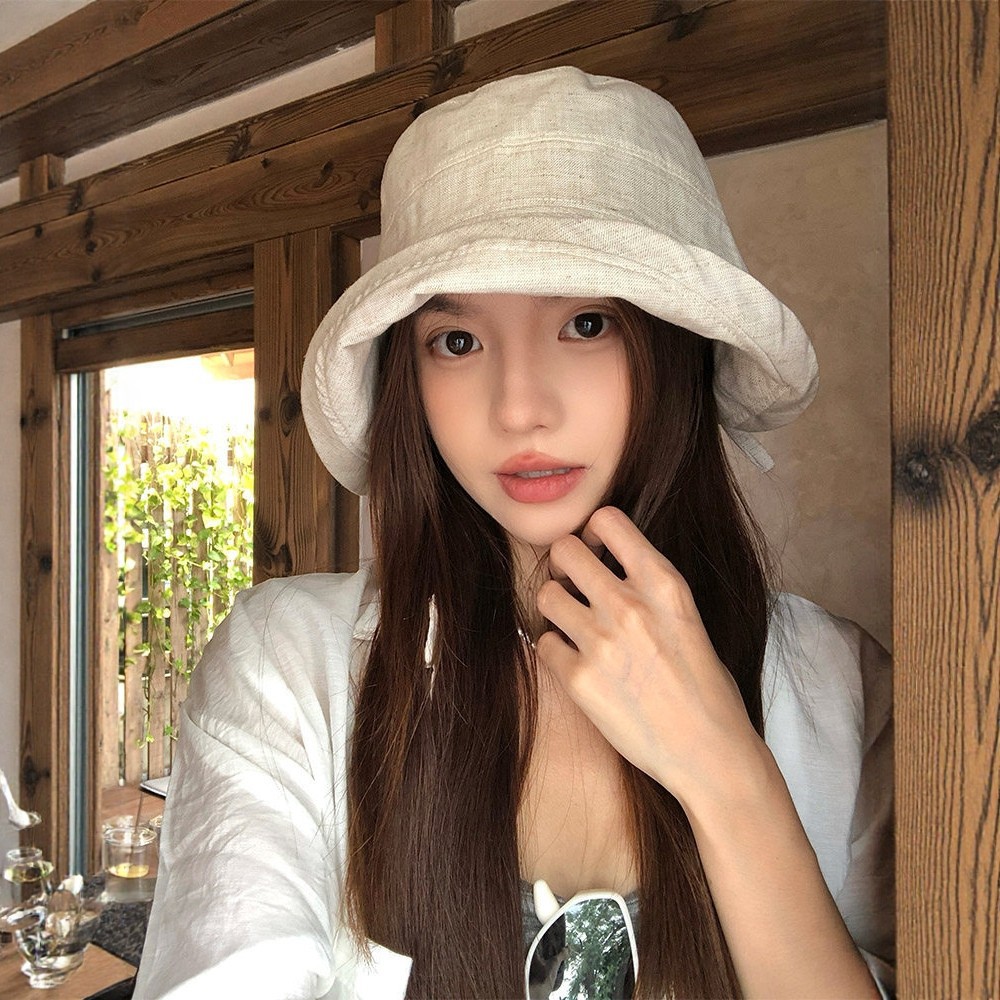 秋季女新款日系渔夫帽亚麻帽子纯色简约保暖显脸小大帽檐百搭盆帽