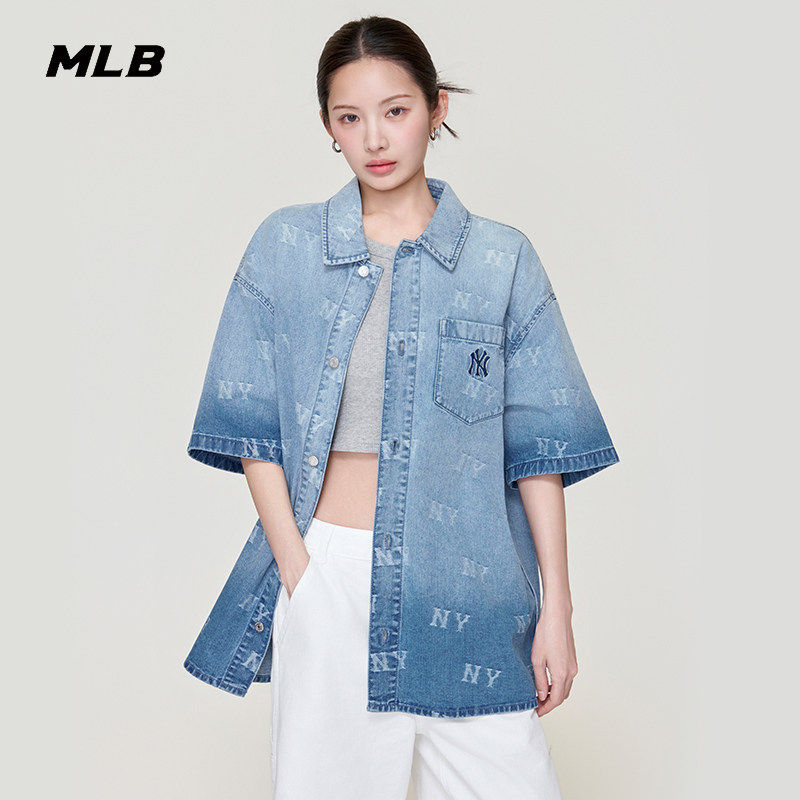 MLB情侣NY牛仔渐变短袖衬衫