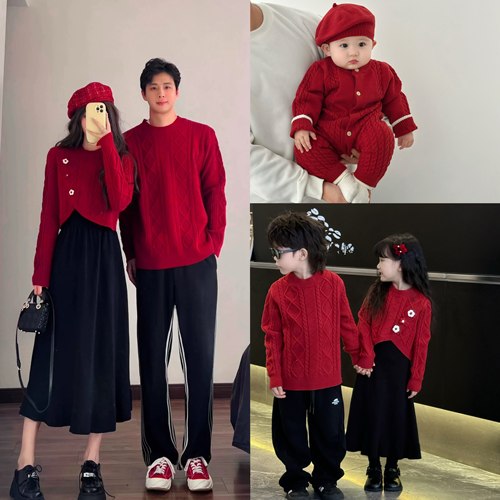 亲子装红色过年毛衣秋冬一家三口