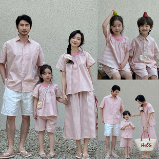 高端亲子装法式特色条纹套装夏季一家三四口男童衬衫母女套装2025