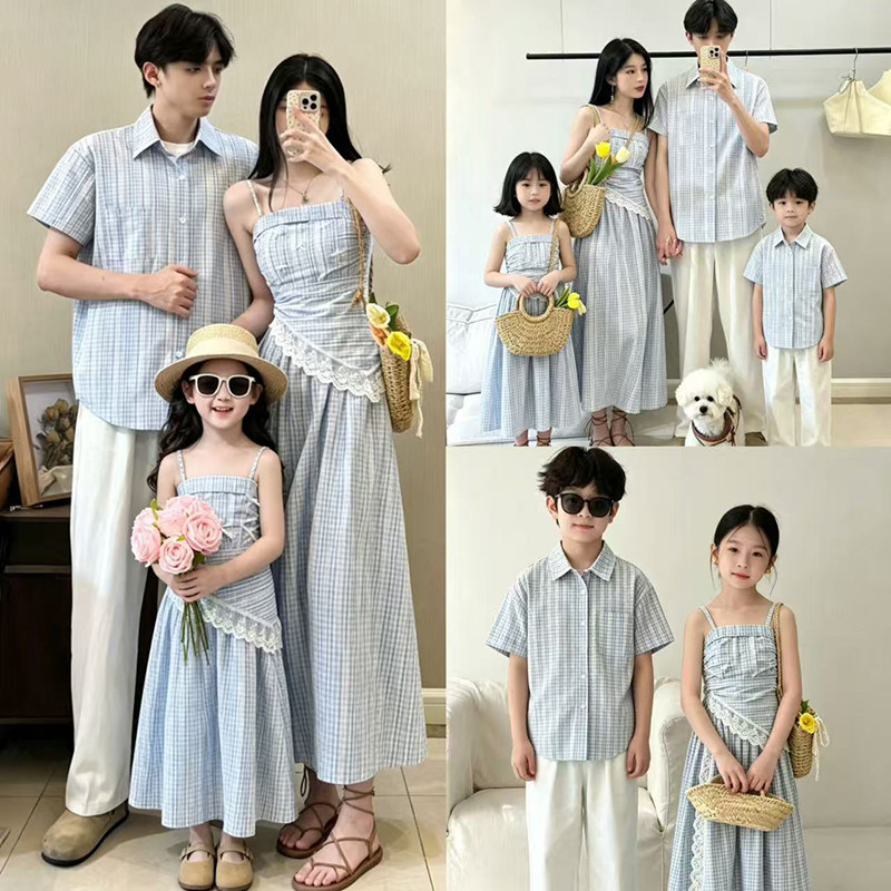 一家三口海边度假高端吊带母女连衣裙法式格子衬衫2026夏季亲子装