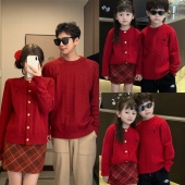 一家三四口过年红色亲子毛衣开衫 2025红色针织开衫 秋冬新款 亲子装