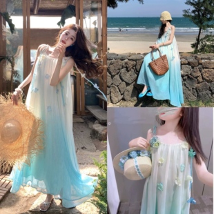 法式渐变亲子装一家三口母女装海滩度假风吊带连衣裙三亚海边裙