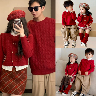 新款 男童女童冬季 一家三口四口红色拜年服毛衣套头开衫 高端亲子装