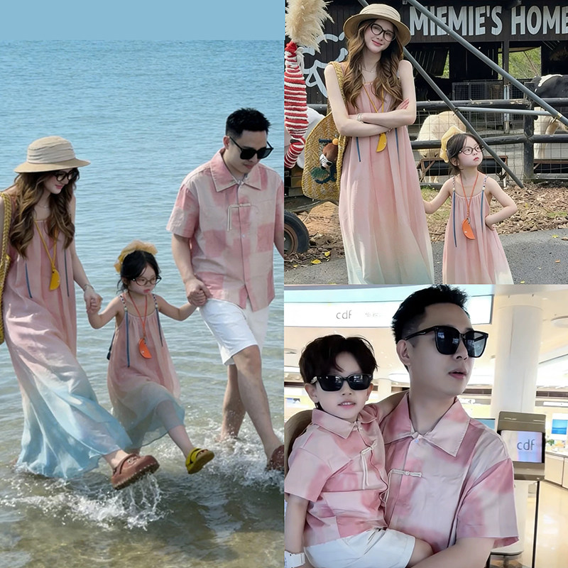 度假亲子装一家三口四口海边夏威夷风旅游母女母子沙滩衬衫套装潮