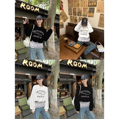 蕾丝拼接圆领长袖高级感卫衣女