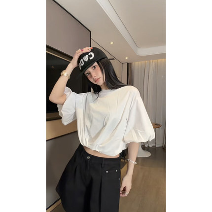 高端欧货夏季设计感小众褶皱宽松圆领花苞袖T恤时尚短款上衣女潮
