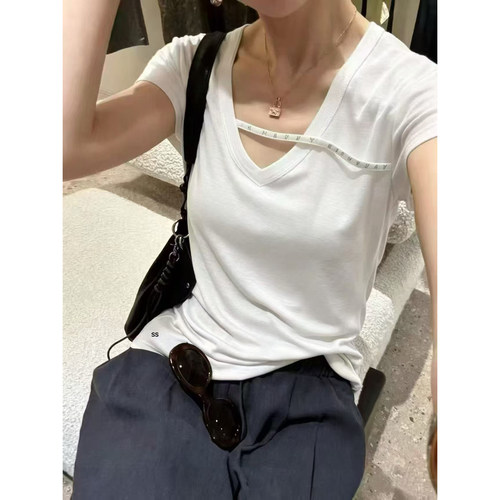 韩系挂脖烫钻V领正肩显瘦短袖女