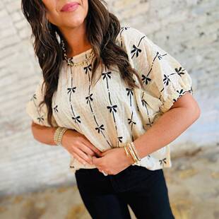 Women's Bow Print Puff Short-Sve Blouse, Cute Loose Summer