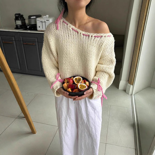 Women Sweet Tie Sweater Fall Winter Cute Casual Daily Outfit