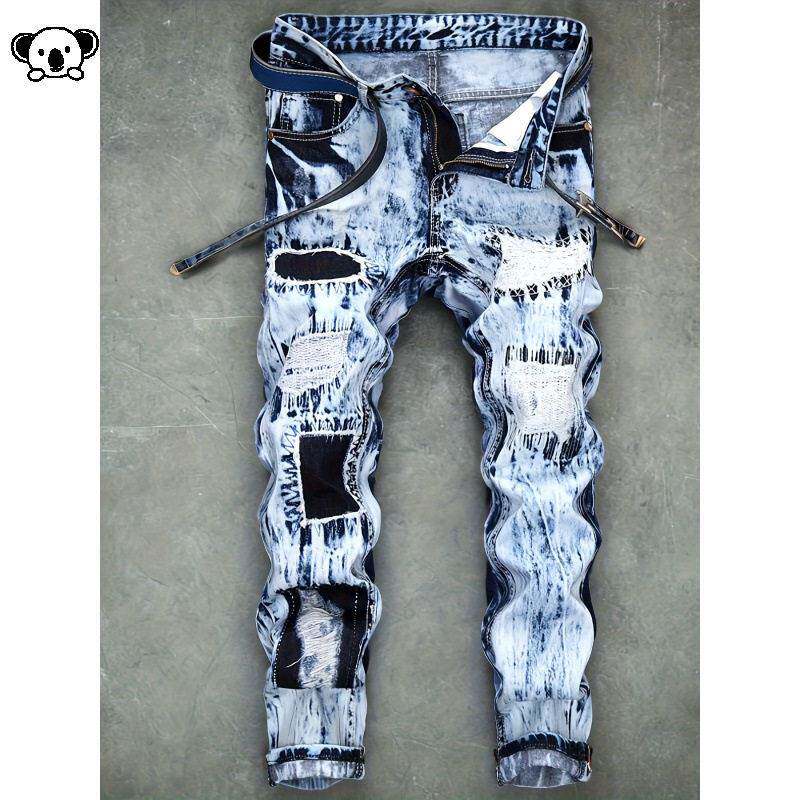 T 80547 Men Embroidered Jeans Hipster Ripped嘻哈牛仔裤