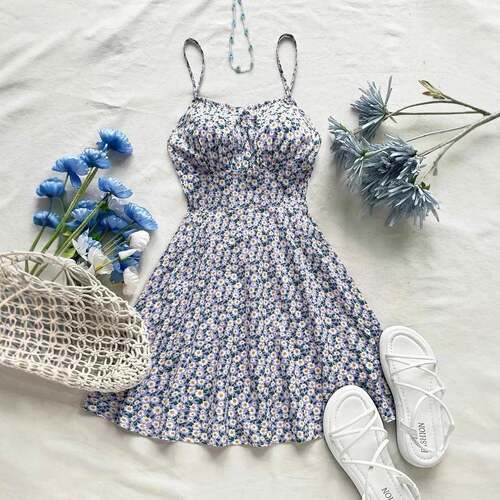 Women's Ditsy Floral Print Cami Sveless Dress, Casual