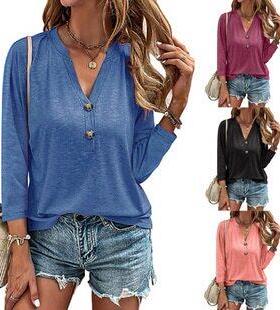 Women's V-Neck Button Front Casual Top, Plain Fitted Design,