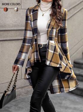 Women's Plaid Print Checkered Button High Low Hem Jacket,
