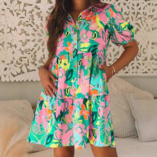Women's Floral Printed Collared Neck Puff Sve Mini Dress