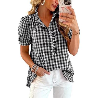 Women's Striped Collared Split Neck Short Bubble Sve Casual