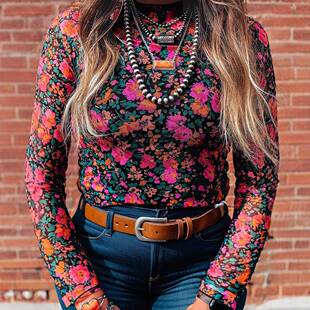 Floral Mesh Top Long/Short Sve Mock Neck Laying Blouse