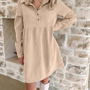 Women's Casual Corduroy Half Button Collared Long Sve Mini
