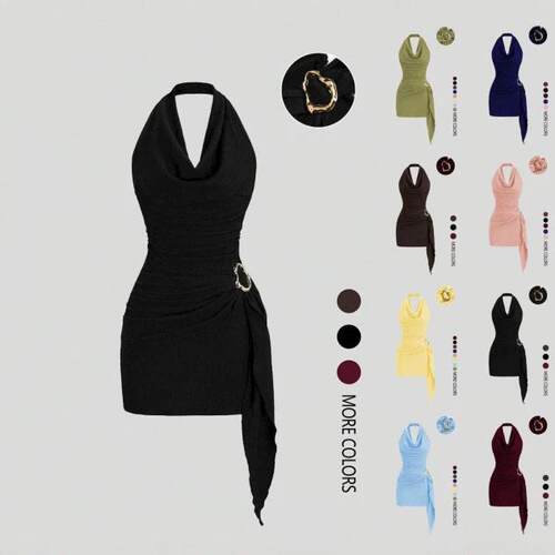 Fashion Solid Color Halter Neck Dress Casual Office Wear
