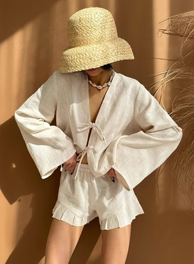 Women'sSolidTieFrontTop&Shorts