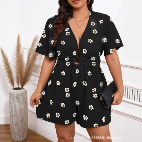 WaistCutoutJumpsuitShortsVNeck