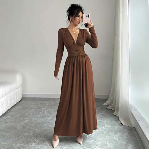 Women's V Neck Long Sleeve Knit Dress High Elasticity