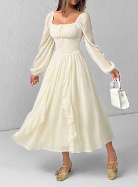 Women's Ruffle Lantern Sve Long Sve Cute Slim Dress, Autumn