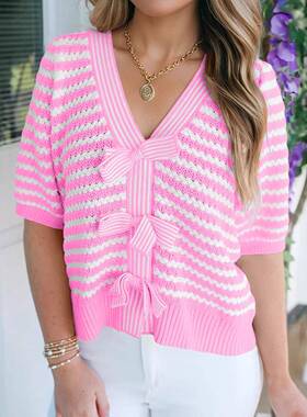 Women's Stripe Short Sve Sweet V Neck Bow Knot Sweater Vneck