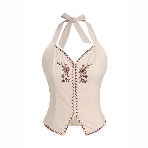 Women's Floral Embroidery Tank Top Cami Halter Neck Casual