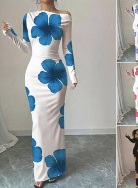 Women's Floral Print Asymmetrical Neck Dress, Elegant Long