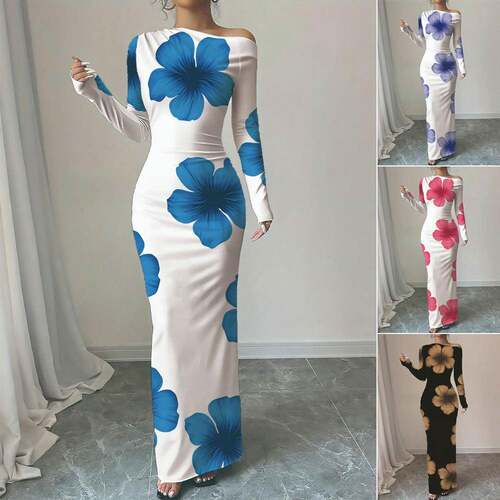 Women's Floral Print Asymmetrical Neckline Dress, Elegant