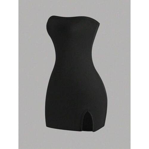 Solid Color Split Hem Tube Dress Casual Minimalist