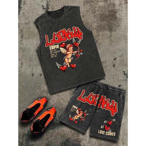 Cartoon Print Tank Top & Letter Print Shorts Pyjama