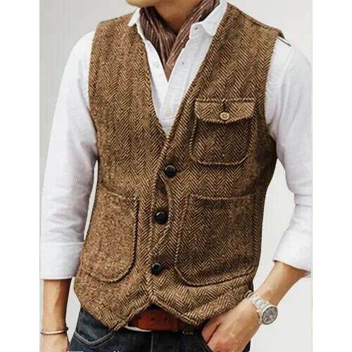 K 91859 Men Warmth Waistcoat Tweed Vintage粗花呢马甲