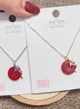 慕琦银饰通体S925纯银花藤红色玛瑙平安扣时尚锁骨项链女百搭气质