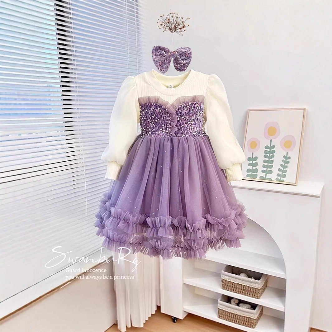 女童春秋连衣裙2025新款洋气小女孩假两件长袖公主裙甜美礼服裙子